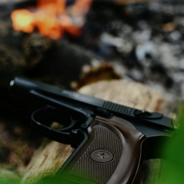Detailed view of a pistol resting on a log near a campfire, in an outdoor setting.