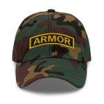 green camo classic dad hat with armor tab design