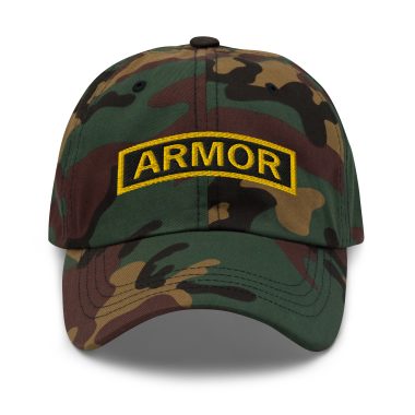 green camo classic dad hat with armor tab design