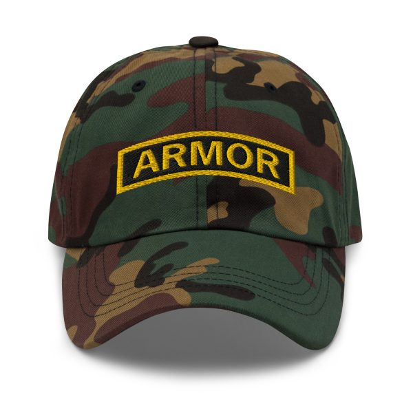 green camo classic dad hat with armor tab design