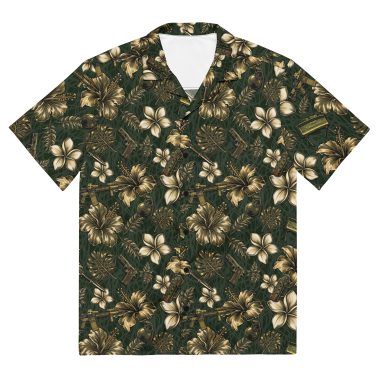 aloha shirt with infantry weapons and hibiscus flowers